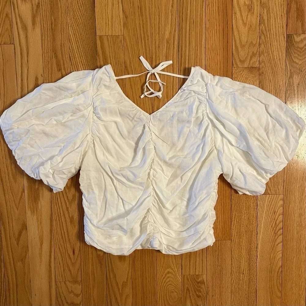 Anthropologie Pilcro Ruched Puff-Sleeve Top XL White Tie String Back New